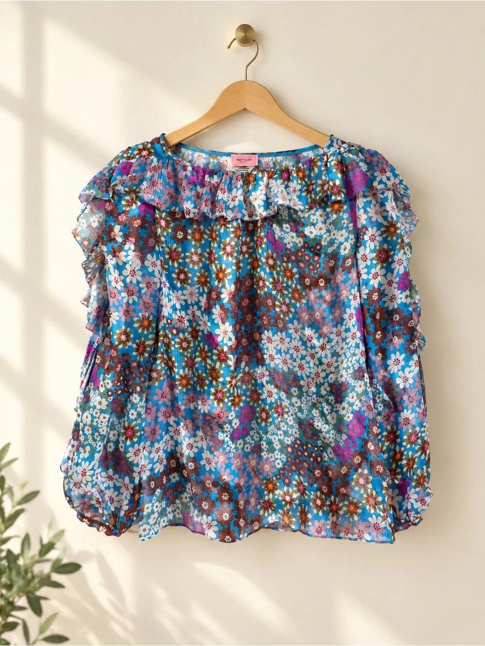 Kate Spade Pacific Petals Silk Chiffon Blouse Aruba Blue Ruffle Small NWOT